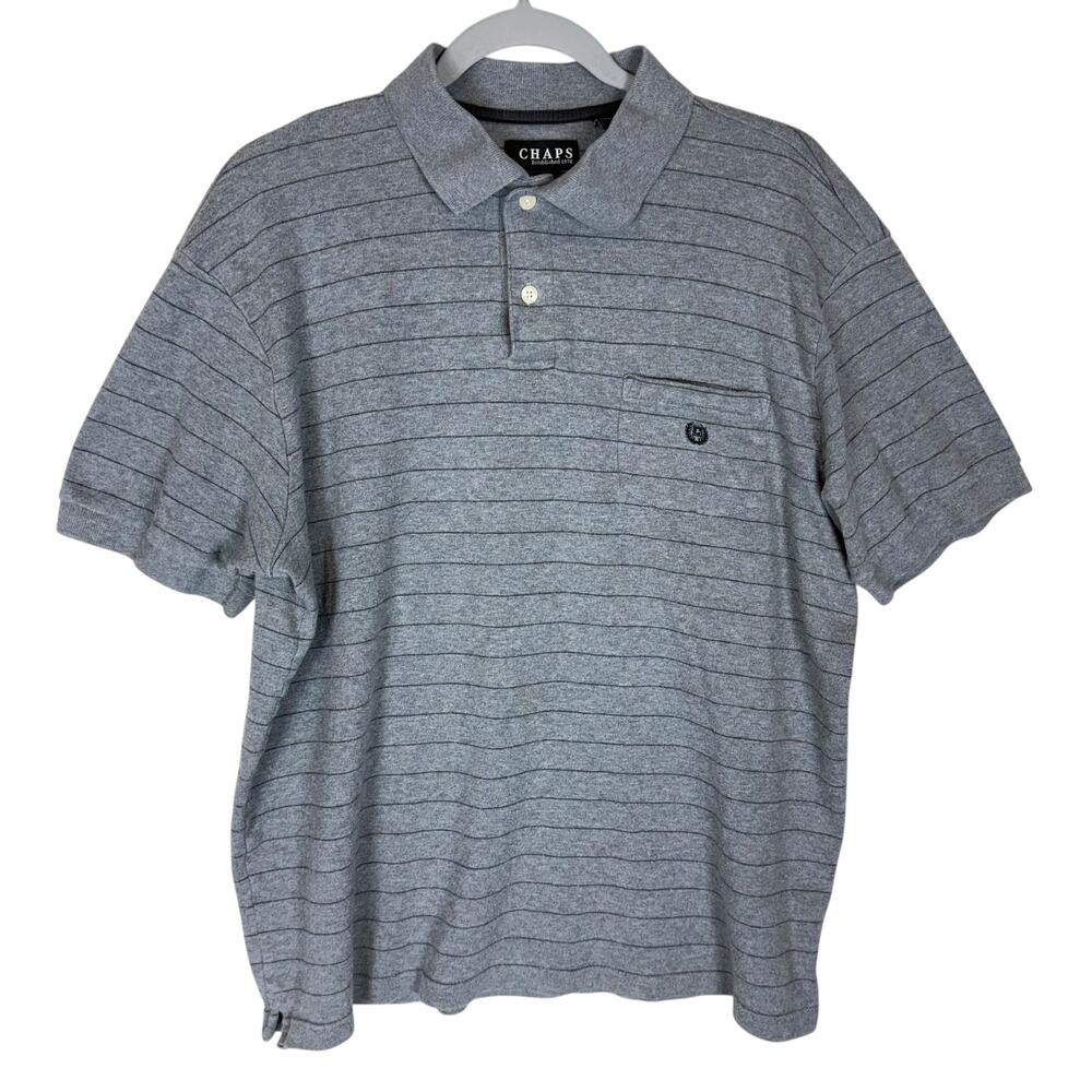 Chaps Polo Shirt Mens Large Gray Striped Cotton Golf Short Sleeve Performance